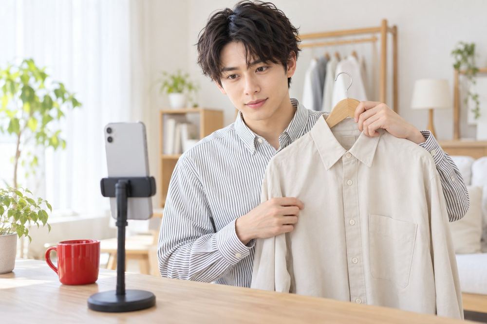 20代の男性がスマホのカメラの前で、細かい縞のシャツと無地のシャツを見比べ、画面のちらつきを確かめている