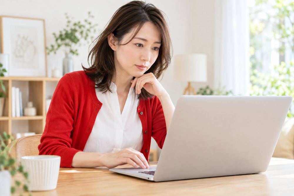 30代の女性がデスクでパソコンの画面を見ながら、ガイドラインの文章を一行ずつ確かめている