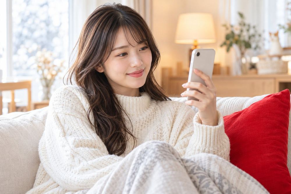 20代の女性が冬の部屋で、ニットを着て暖かい照明の前に座り、スマホで画面の映りを確かめている
