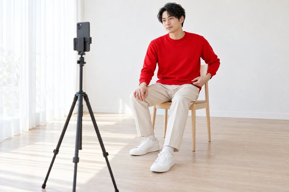 30代の男性が三脚に立てたスマホの前に座り、全身が映る位置で、服の見え方を画面で確かめている