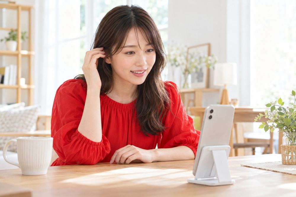 20代の女性がスマホで配信前の映りを確認しながら、画面の向こうの相談相手と話している