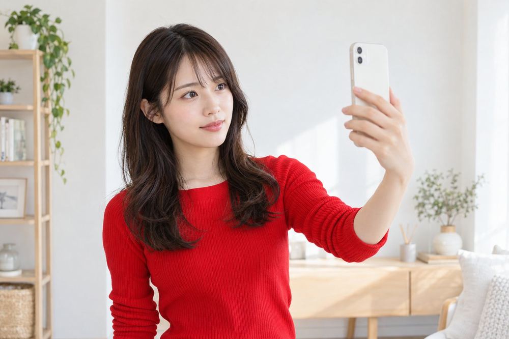 20代の女性が部屋の壁の前にスマホを構え、カメラ越しに自分の後ろの映り方を確かめている