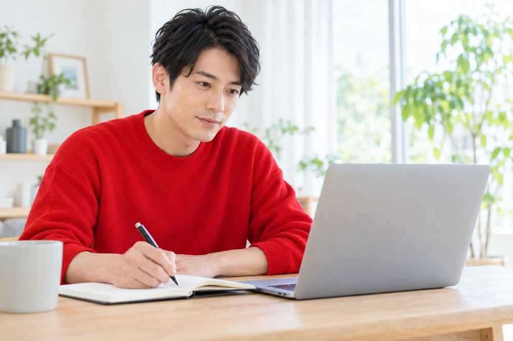 30代の男性がパソコンの前でTikTokの公式ページを開き、気になる箇所をノートに書き留めている