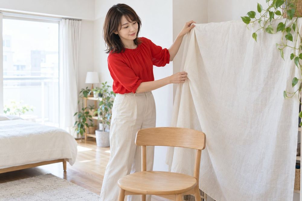 30代の女性がワンルームの一角に椅子を置き、後ろの棚に布をかけて映らない場所を作っている