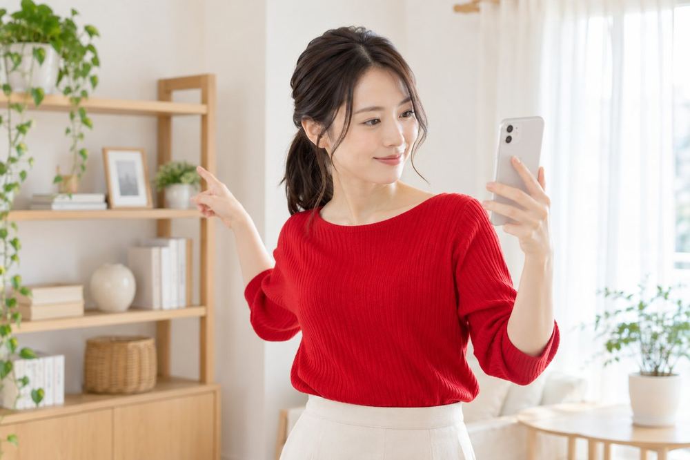 30代の女性がスマホの画面を見ながら、背景に映る棚や窓の位置を一つずつ指で確かめている