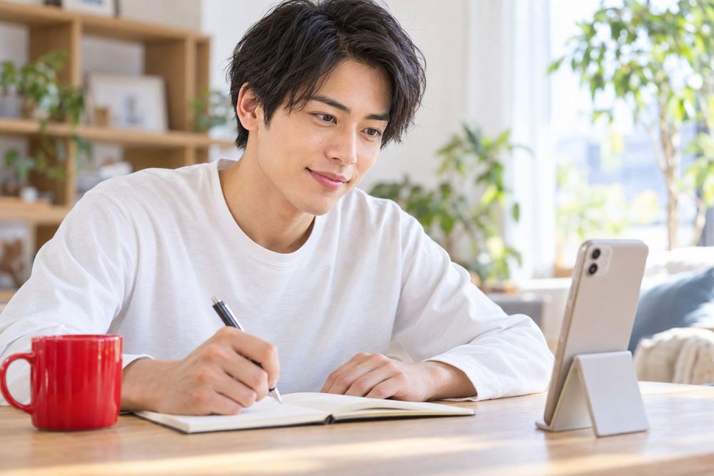 机にスマホを立てかけた男性が、自撮りの動画を撮り、再生した画面の自分の顔を見て気づいたことをメモしている