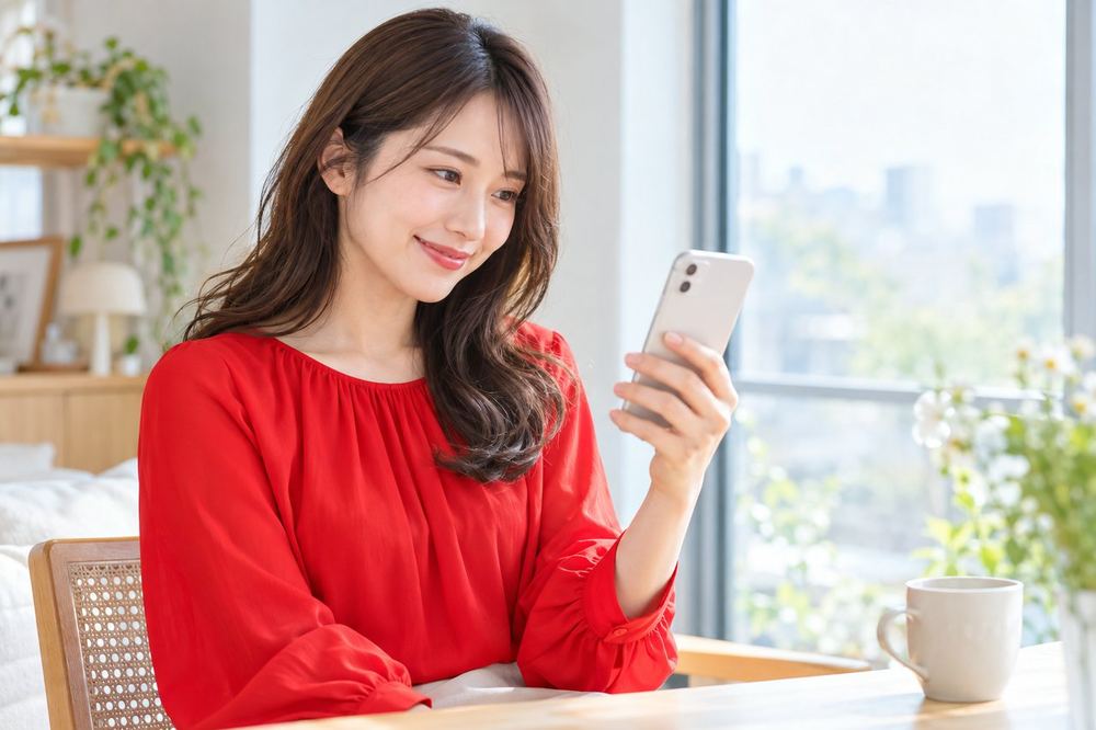 窓際の明るい席で、女性がスマホ画面を見ながら、あいさつの場面の笑顔を練習している