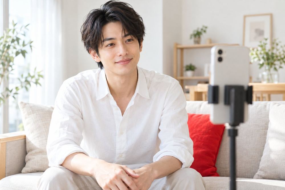 自然光の入る部屋で男性が肩の力を抜き、深呼吸をしてからスマホのカメラに向き合っている