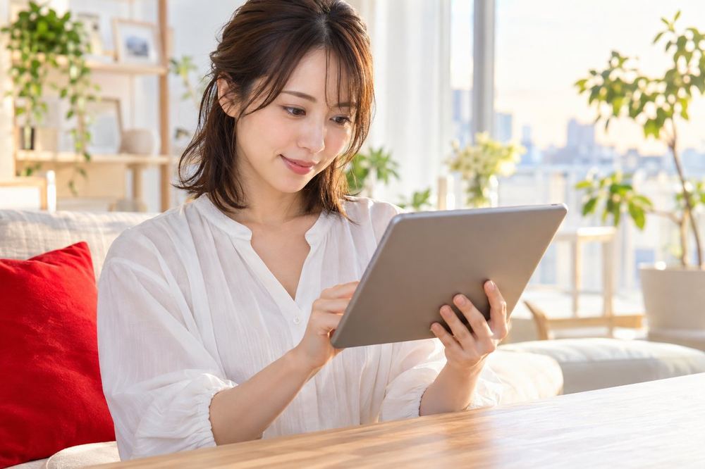 夕方の部屋で、女性がタブレットで配信のリプレイを再生し、表情の変わり目を確かめている