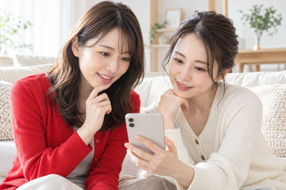 明るい部屋で、女性ふたりがスマホの画面を見ながら、顔出しの映り方について相談している
