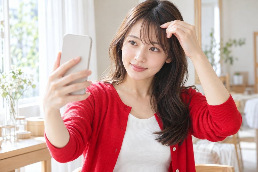 女性が窓際で、スマホのカメラ画面に映る自分の前髪の位置を確かめている