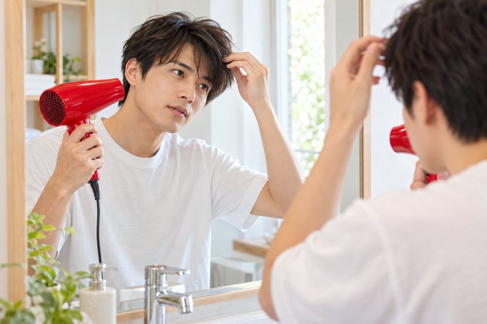 男性が洗面台の鏡の前で、ドライヤーと手で前髪の流れを整えている
