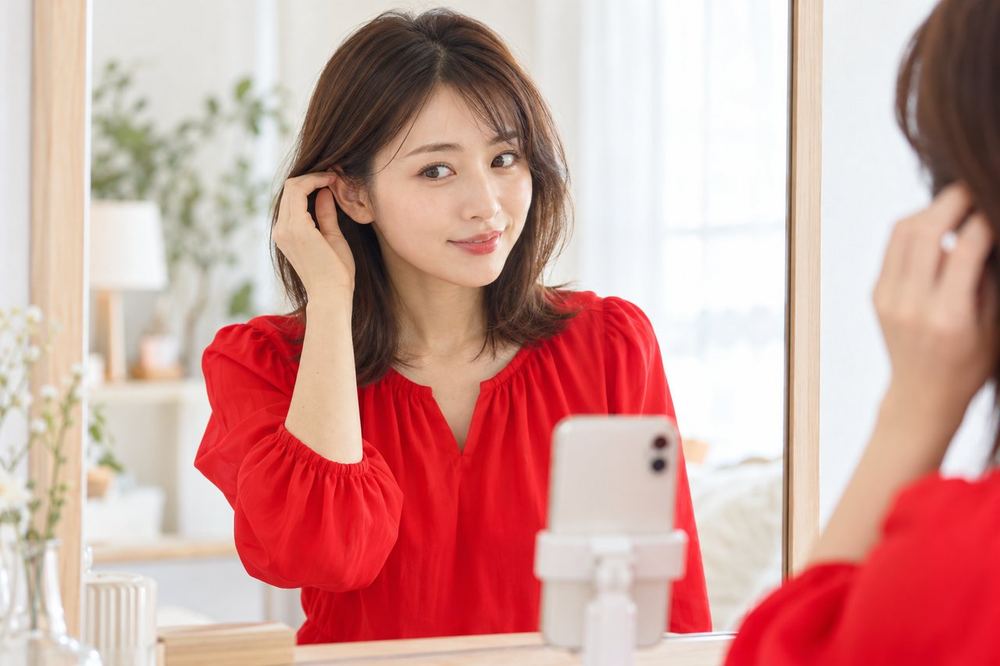 女性が鏡の前で、肩までの長さの髪を片側だけ耳にかけて画面での見え方を確かめている