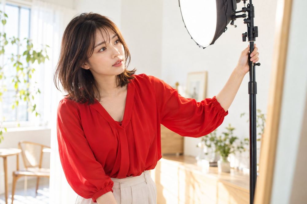 女性が部屋の壁の前に立ち、ライトの位置を動かして髪の見え方を確かめている