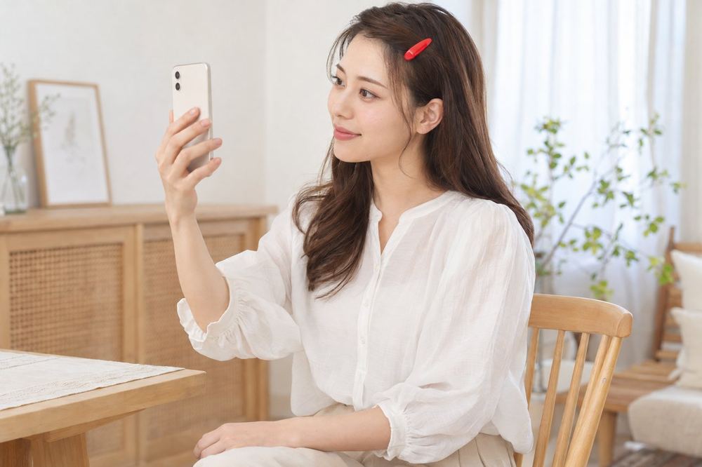 女性が椅子に座ったまま、ピンで前髪を留めて、スマホで横顔の見え方を確かめている