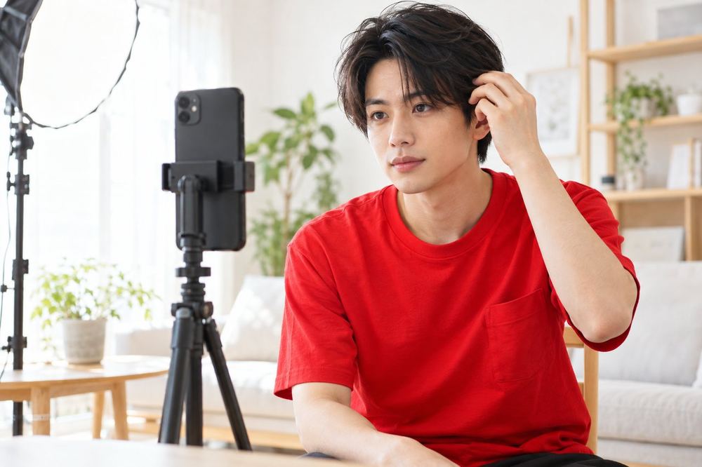 男性が三脚に立てたスマホの前に座り、配信前に髪型と照明の映りを見ている