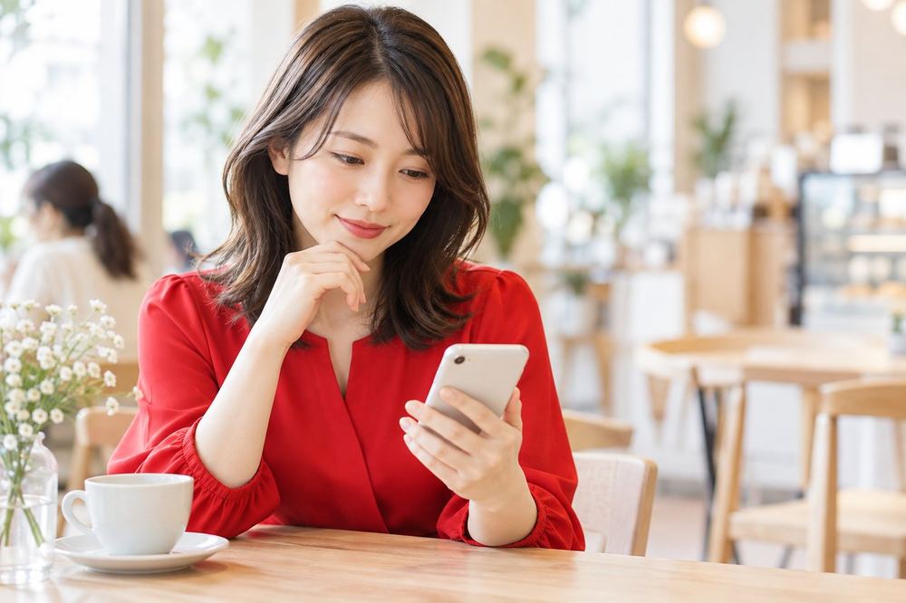 女性がカフェのテーブルでスマホのメッセージ画面を見ながら、髪型の相談内容を考えている