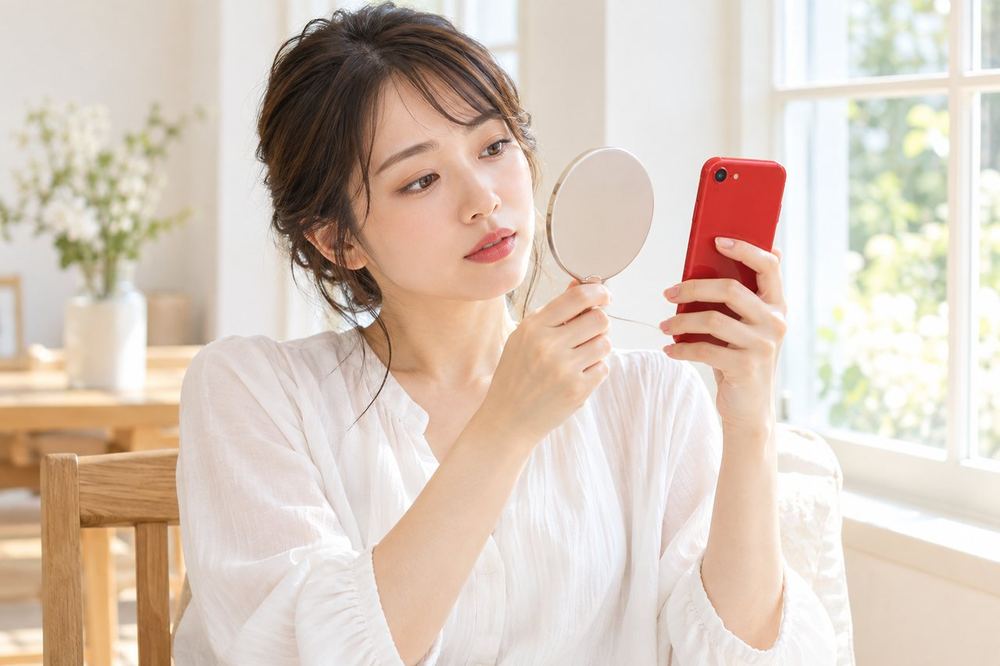 女性が窓際の椅子に座り、手鏡とスマホのカメラ画面を見比べながら唇の色を確かめている
