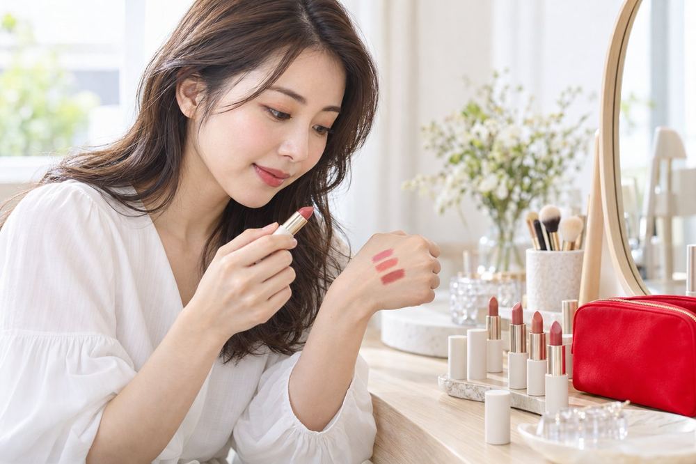 女性がドレッサーの前で数本のリップを手の甲にのせて、色の違いを見比べている