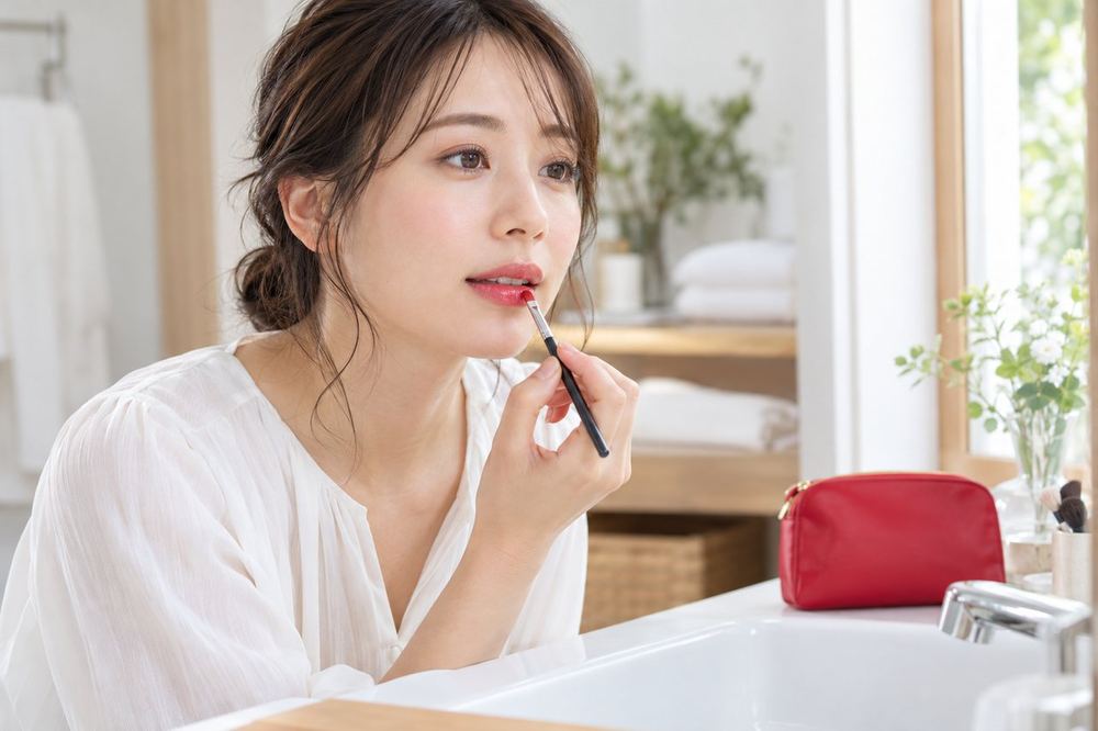 女性が洗面台の前でリップブラシを持ち、唇の中心から色をのせている