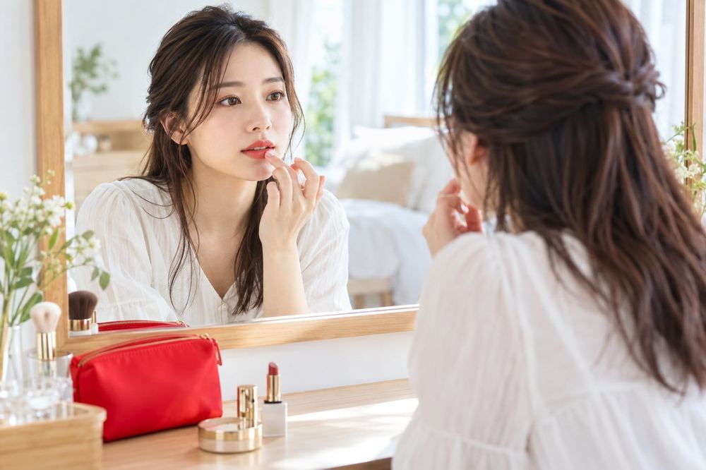 女性が部屋の鏡の前で、リップを指でぼかして色の濃さを調整している