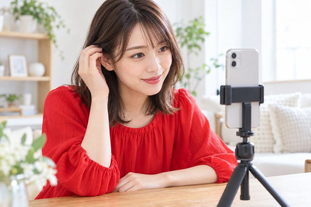 女性がスマホを三脚に立てて、配信の前に自分の顔の映りを確かめている