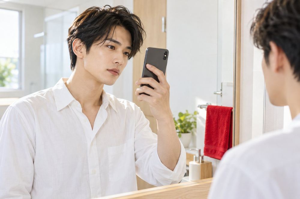 洗面所の鏡の前に立つ20代の男性が、スマホのカメラに映る自分の顔を、じっと見て確かめている