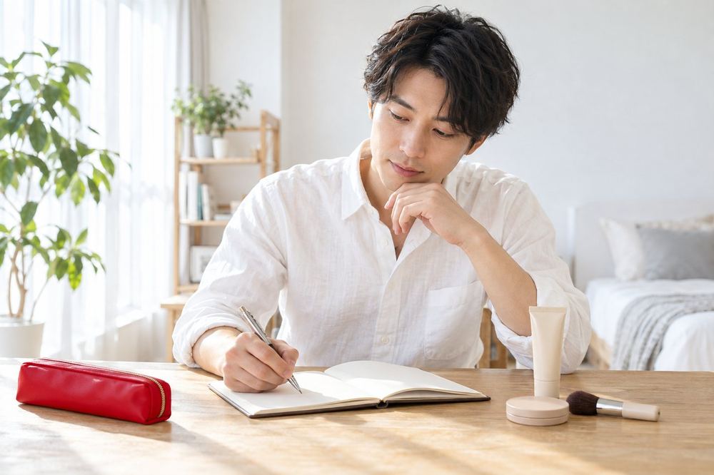 机の上に化粧品を少しだけ並べた男性が、どれを使うかを考えながら、ノートに手順を書いている