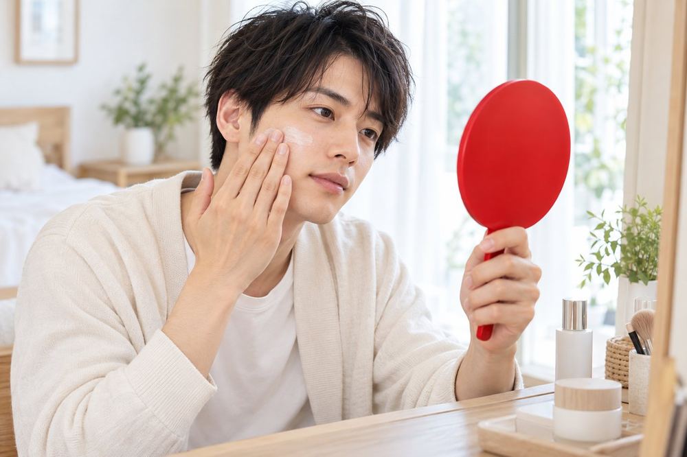 明るい部屋で、座った男性が手鏡を持ち、指先で頬のあたりに下地を薄くのばしている