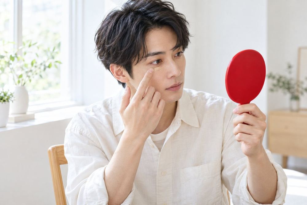 窓際の椅子に座った男性が、小さな鏡を見ながら、目の下に少量のコンシーラーをのせている