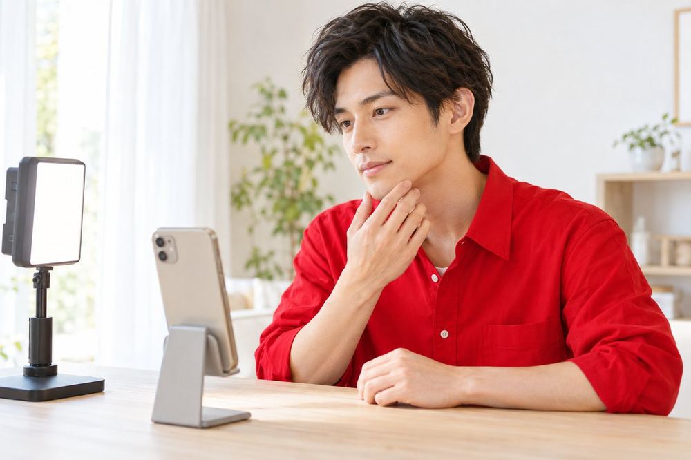 部屋の机にスマホを立て、ライトをつけた男性が、画面に映る自分の顔の明るさと色を見て確かめている