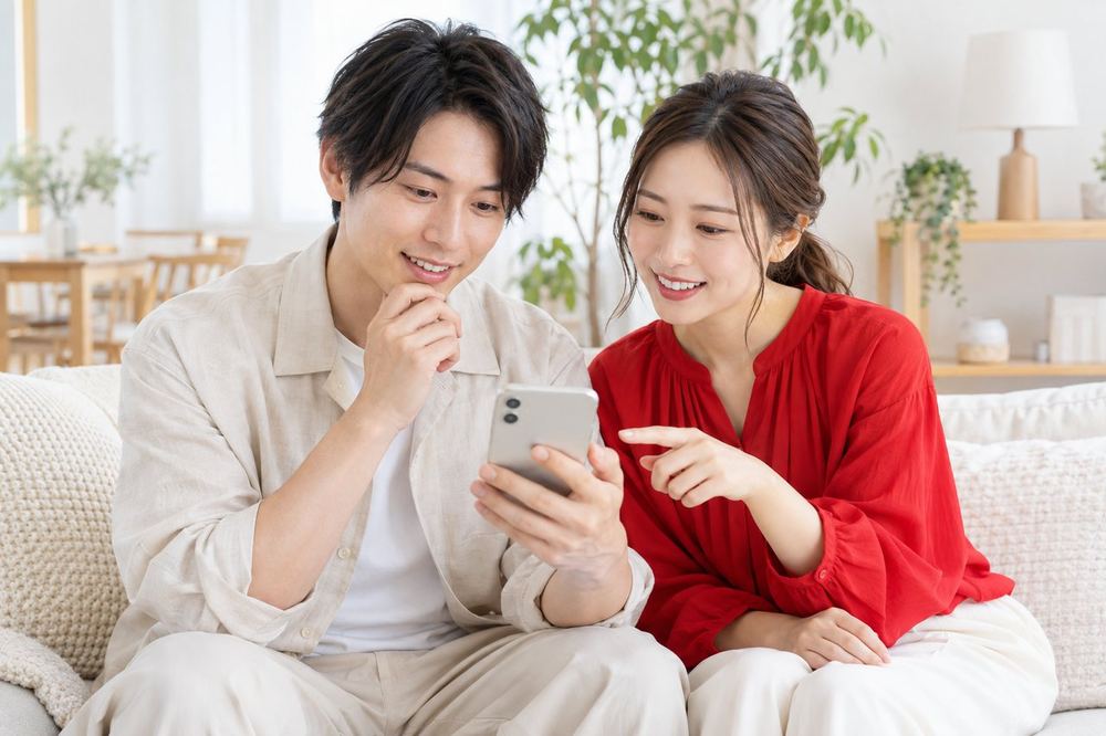 明るい部屋で、男性と女性が並んで座り、スマホの画面を見ながら、映り方について話している