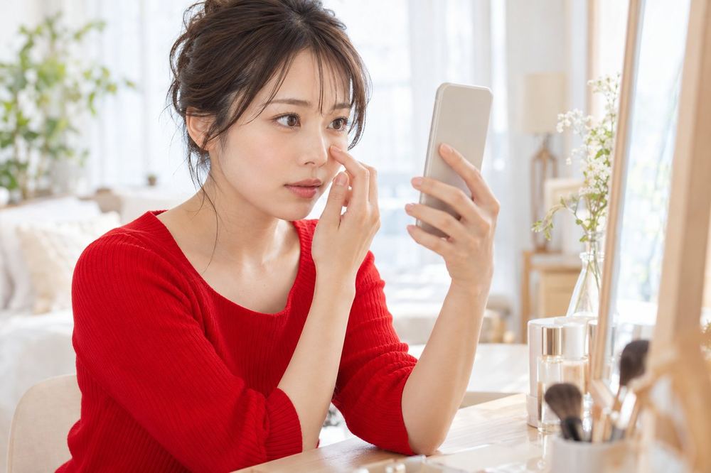 20代の女性が鏡の前に座り、スマホのカメラで自分の顔を映しながら、鼻まわりのテカリを確かめている