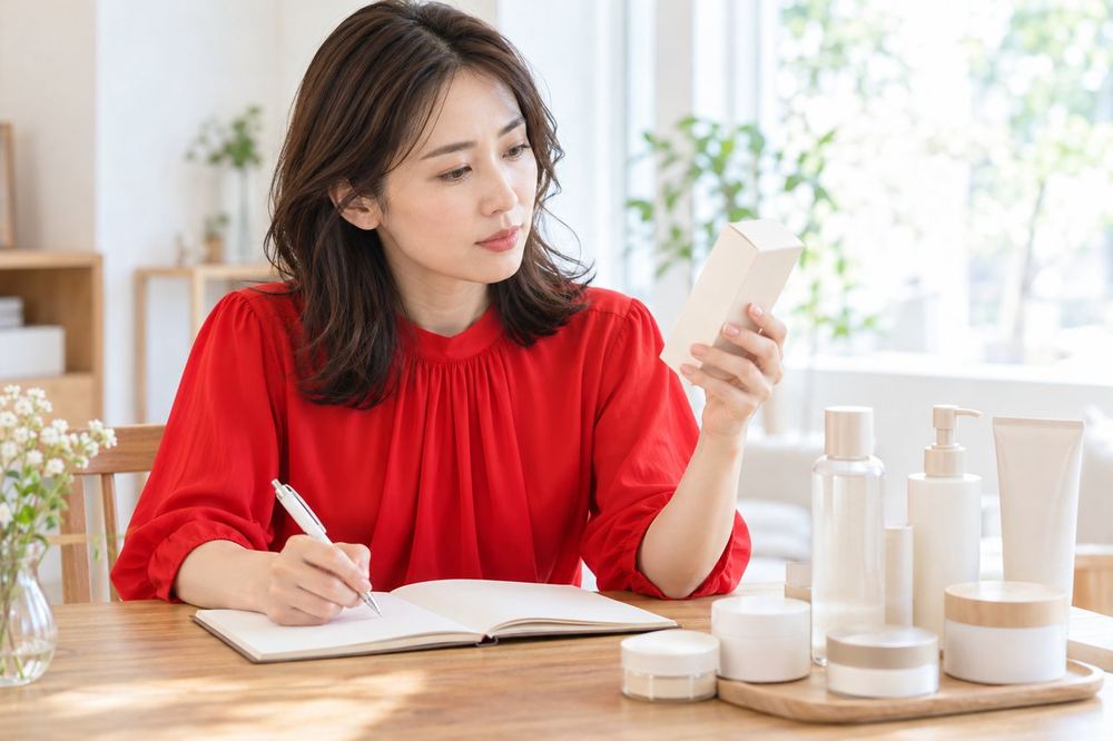 30代の女性がテーブルに化粧品を並べ、パッケージの使用上の注意を読みながらメモを取っている