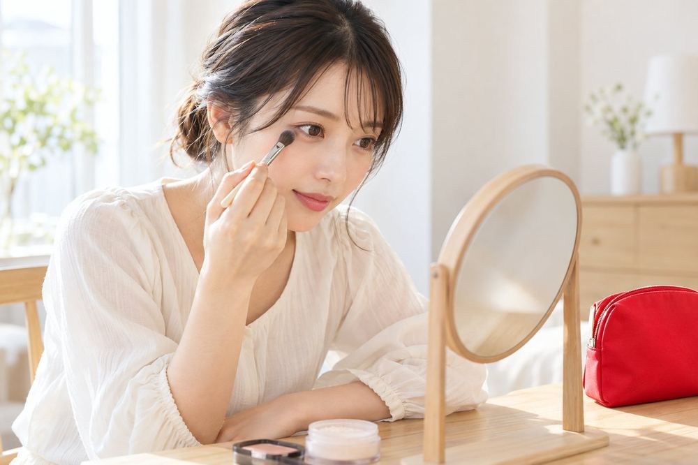 20代の女性が机の鏡に向かい、小さなブラシで目の周りにパウダーを軽くのせている