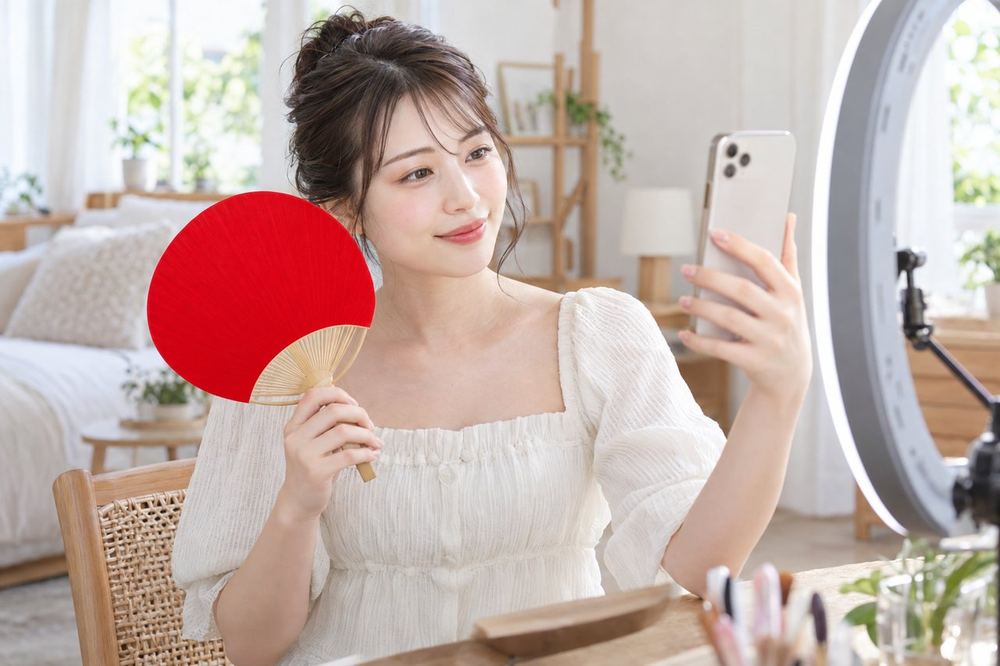 20代の女性がリングライトの前に座り、うちわで顔を軽くあおぎながら、スマホで自分の映りを確かめている