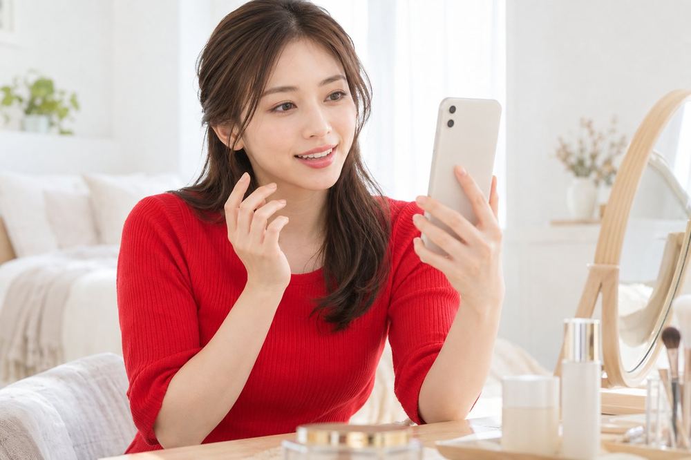 20代の女性がドレッサーの前で、スマホの画面に映る自分の顔を見ながら、誰かと通話で相談している