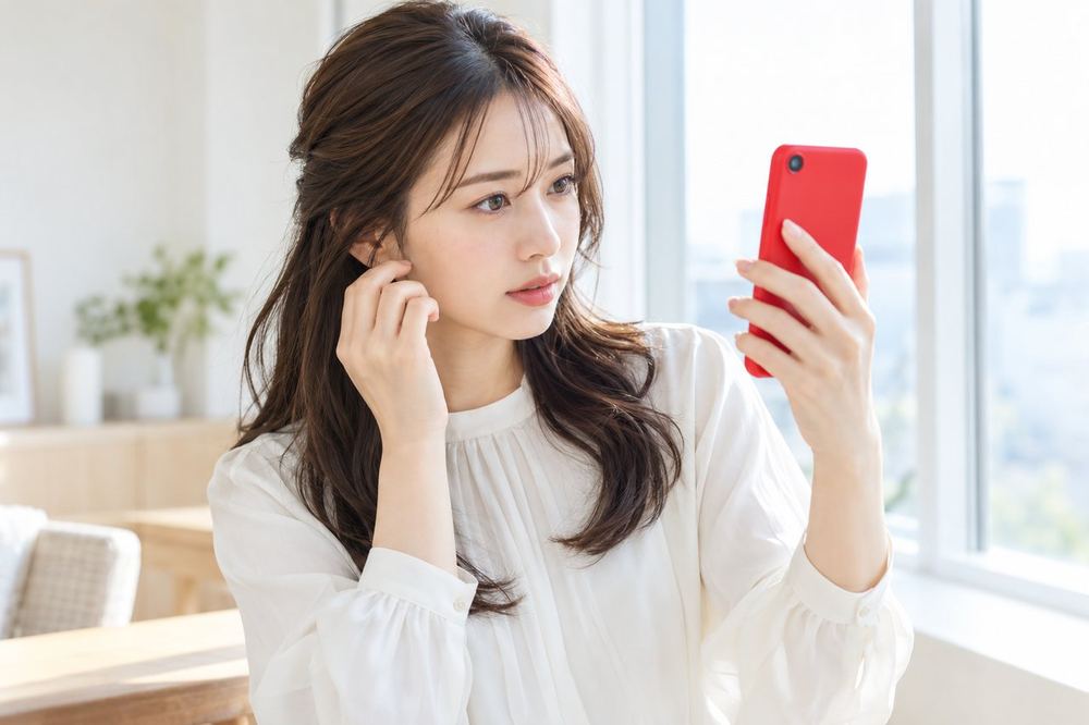 女性が窓際でスマホのカメラに映る自分の顔を、じっと見て確かめている