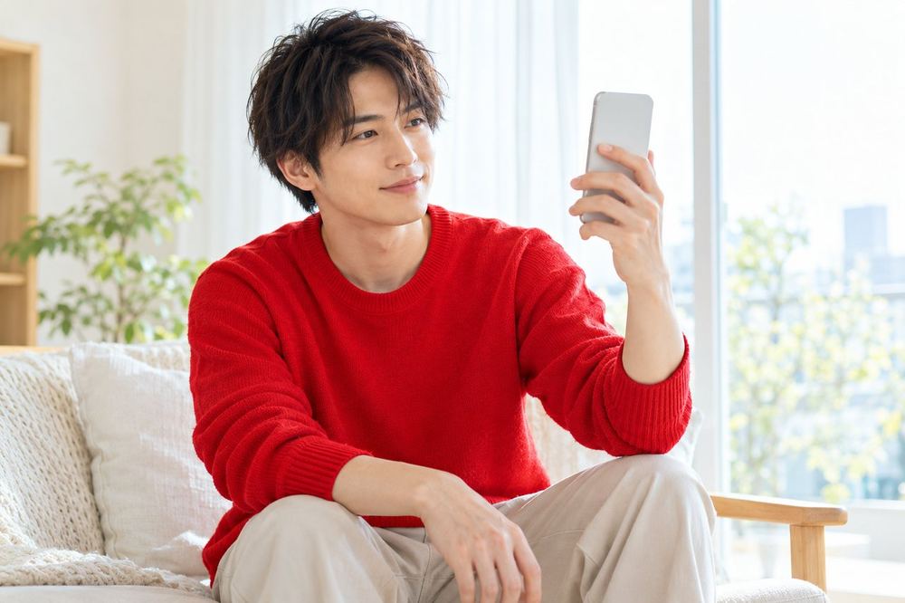 男性が窓の前に座り、スマホの位置を少しずつ動かして顔の明るさを確かめている