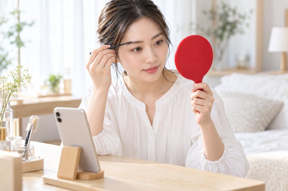 女性が手鏡を持ち、眉を整えながらスマホの画面で映りを確認している