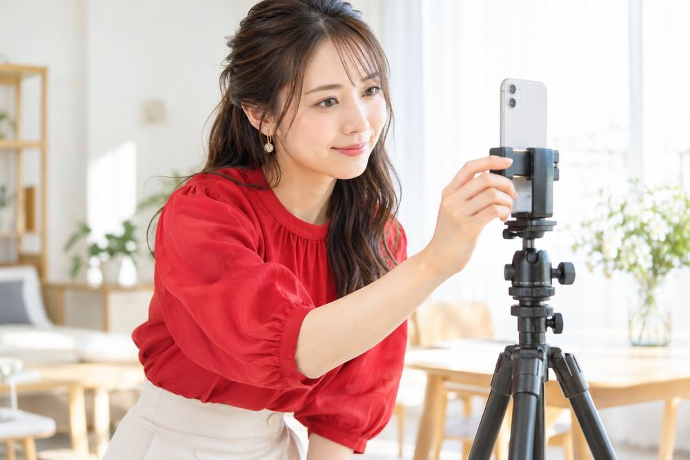 女性が三脚にスマホを固定し、前のカメラに映る顔を確認している