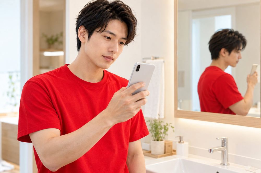 男性が洗面所の鏡の前で、肌を整えてから、スマホに映る顔を確かめている