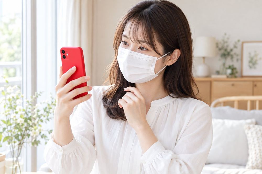 女性がマスクをつけたまま、窓際でスマホのカメラに映る自分の顔を確かめている