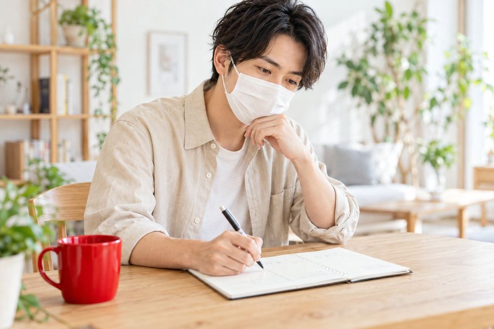 男性が机でノートを開き、マスクをつけて配信したい理由を3つに分けて書き出している