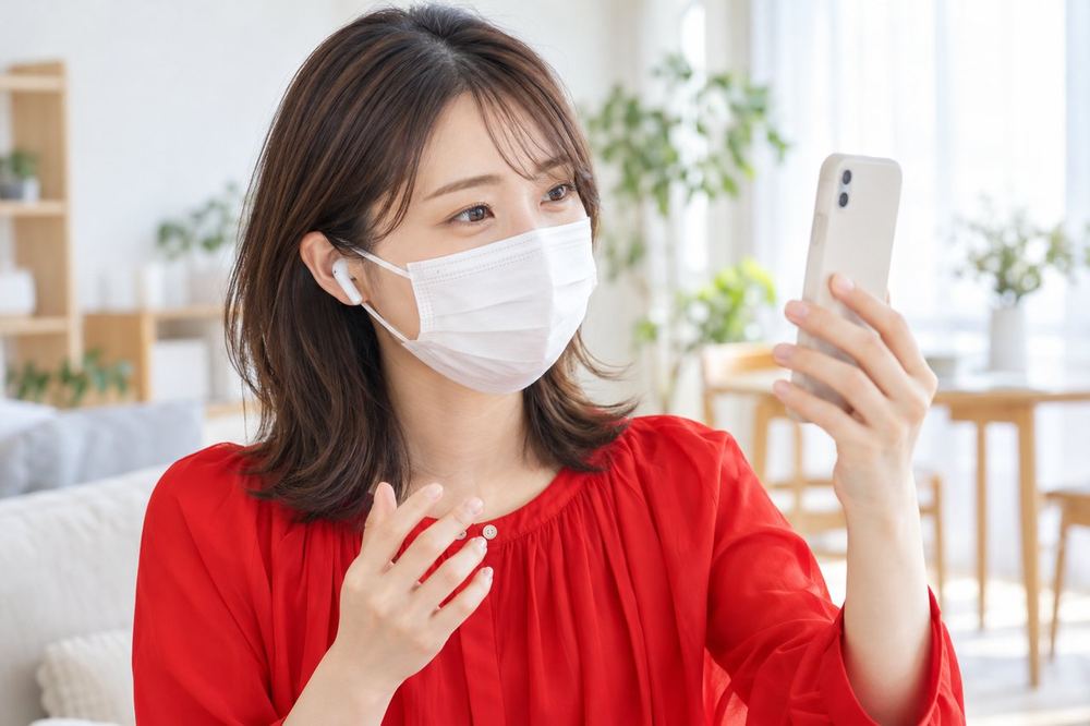女性がマスクをつけて、スマホ画面の中の目元の見え方と声の聞こえ方を確かめている