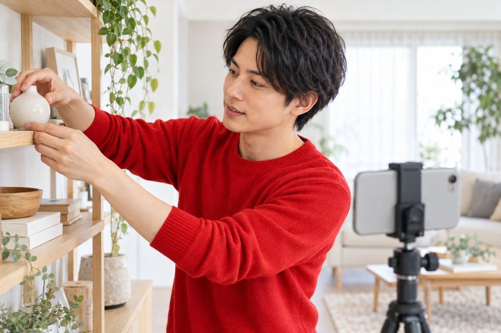 男性が部屋の中で、棚に置かれた小物がカメラに映らないように位置を動かしている