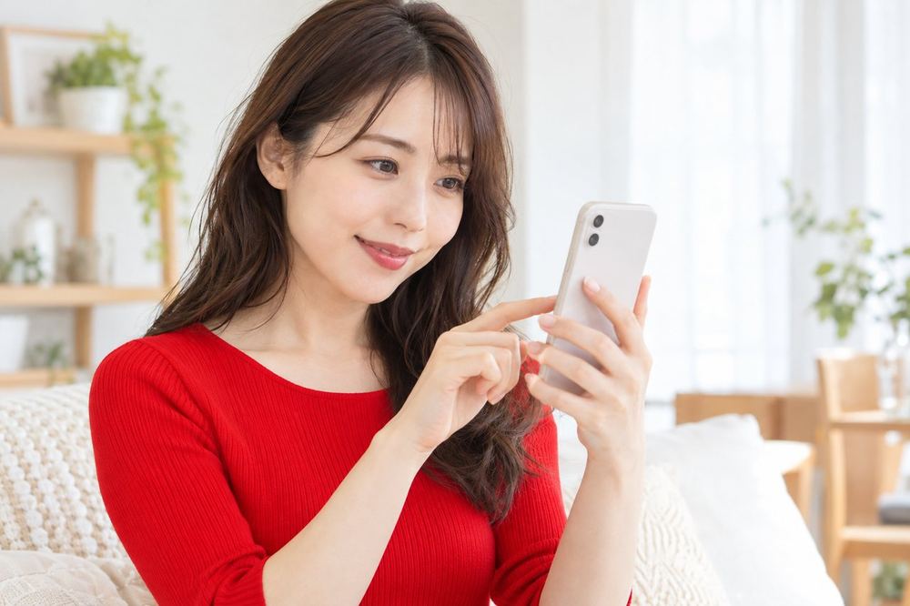 女性がスマホのエフェクト一覧を指でスクロールし、顔の見え方が変わる様子を確かめている