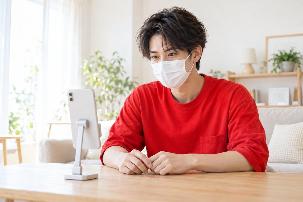 男性がスマホをスタンドに立て、マスクをつけたまま練習の配信画面を確かめている