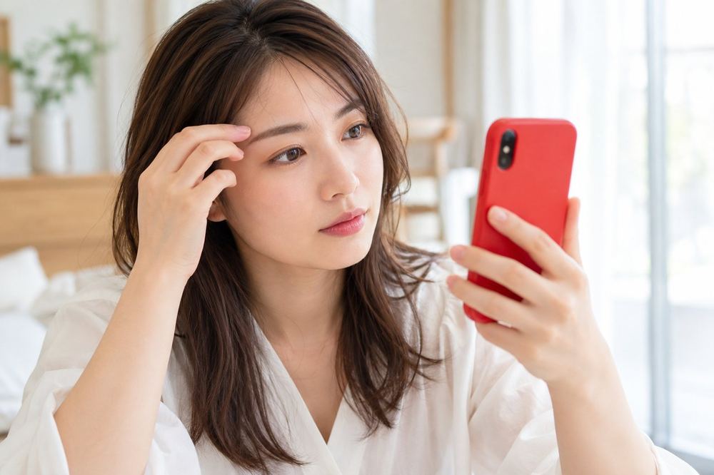 女性が窓の近くで、スマホのカメラ越しに眉の濃さを確かめている