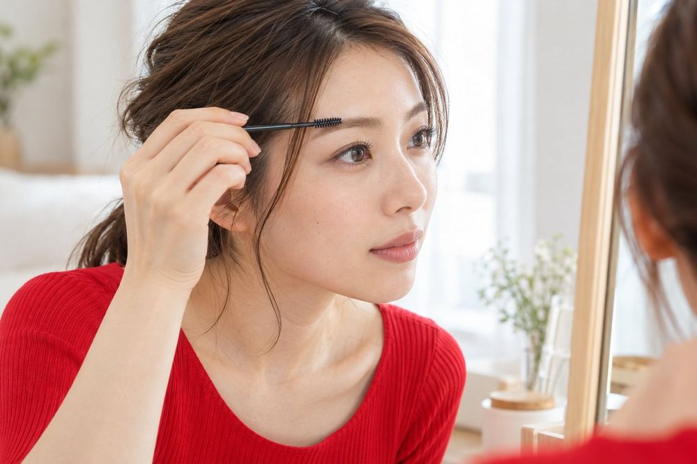 女性が鏡の前で、眉用のブラシを持ち、眉頭から眉尻へ毛流れを整えている